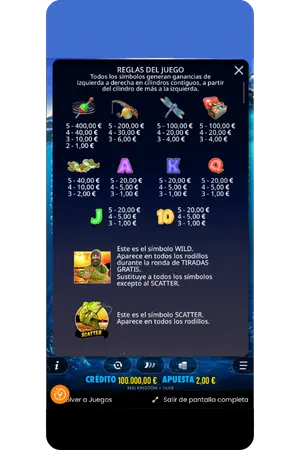 Tabla de pagos con valores de cada símbolo y reglas